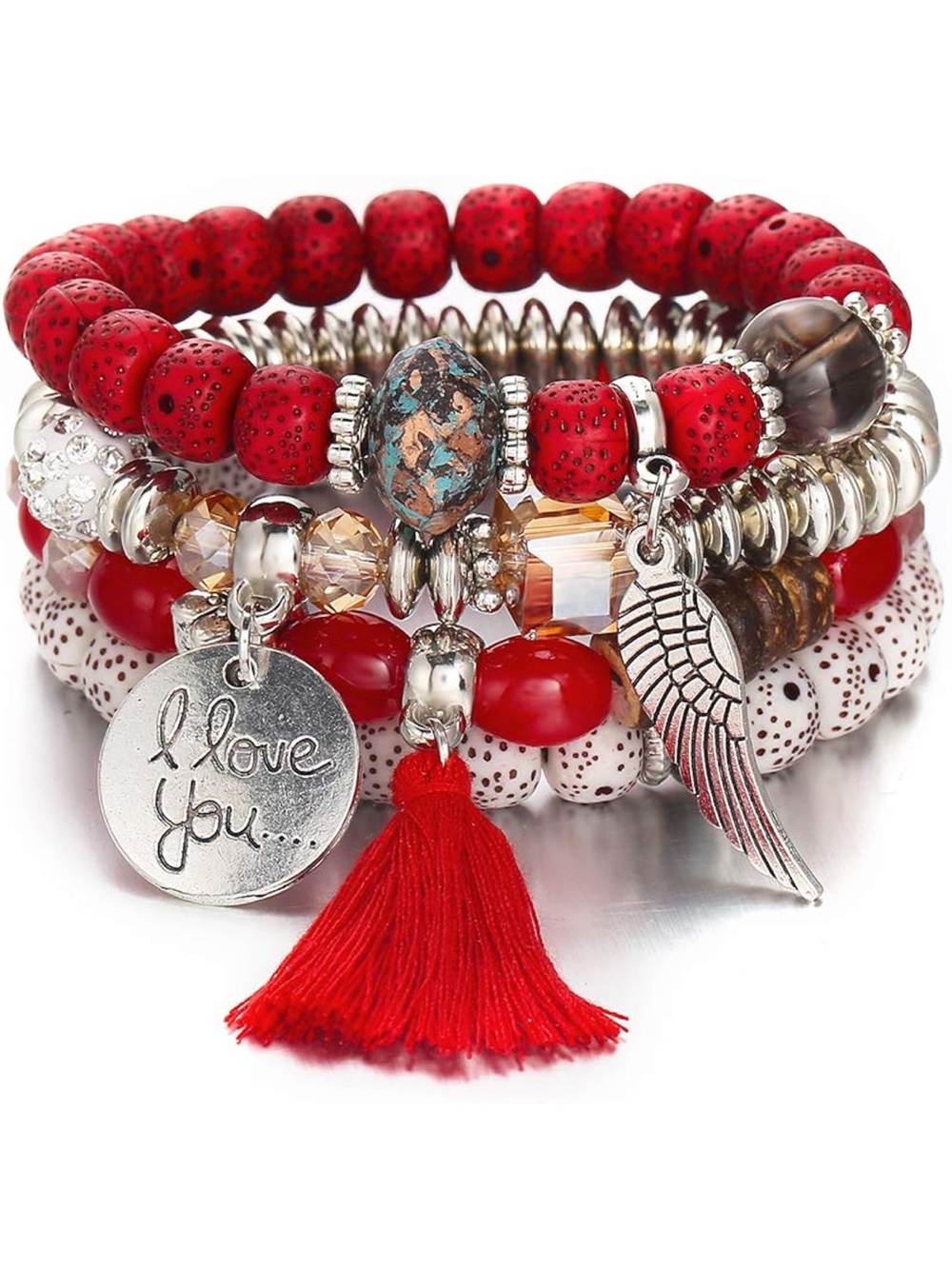 Anthropologie Red Beaded Stack Bracelet Set with Tassel & Wing Charm